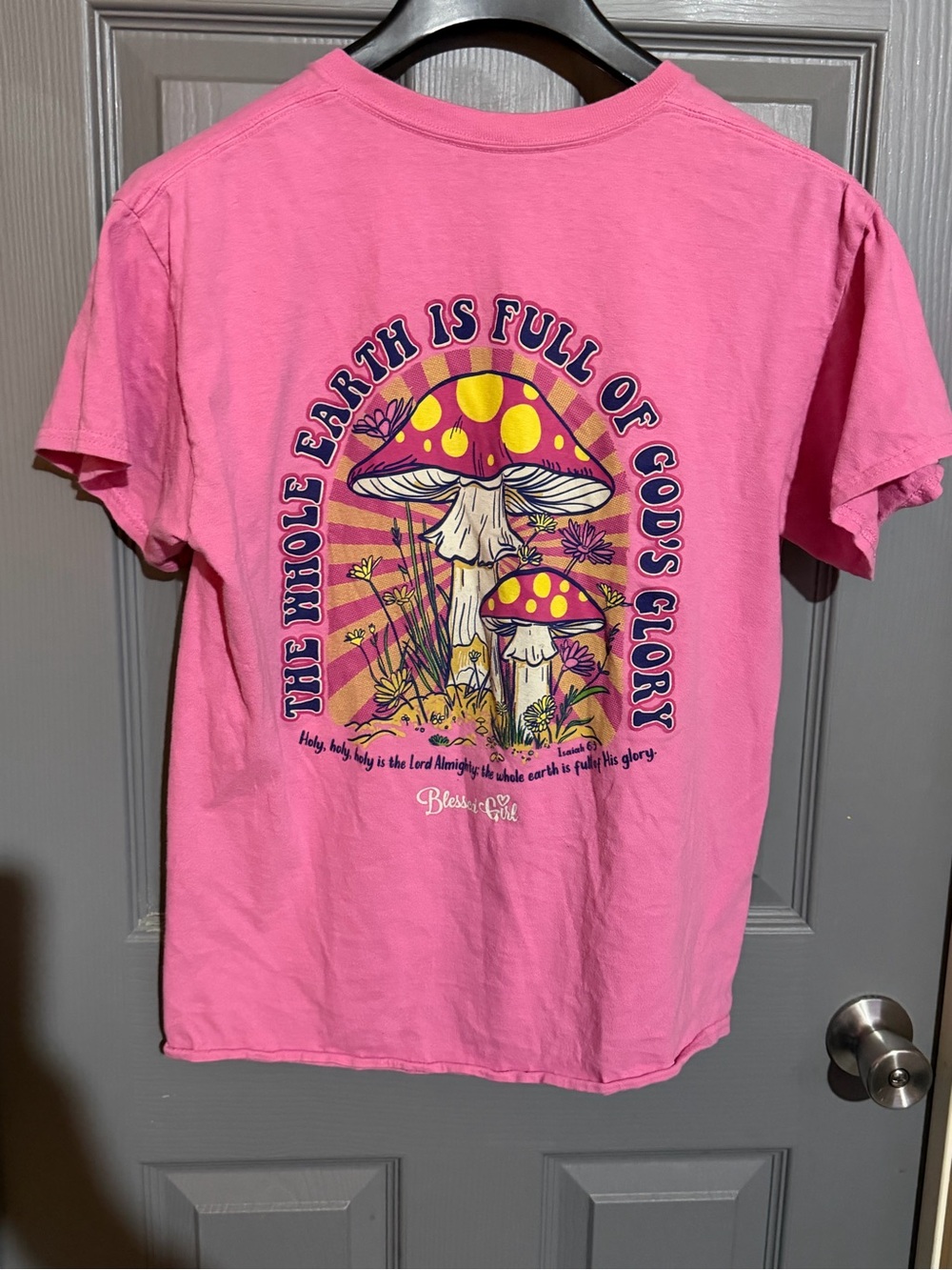 Blessed Girl Pink Mushroom Graphic T-Shirt Isaiah 6:3 God's Glory Tee Womens M - Picture 5 of 8